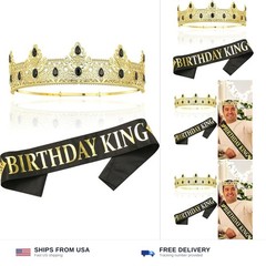 NA King Crown and Birthday Sash, Prom Decoration Gifts for Men (Gold-1)