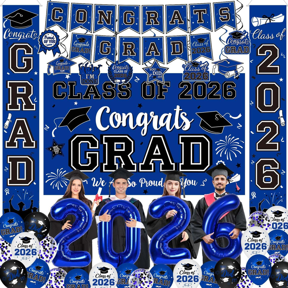 Class of 2026 Graduation Decorations Congrats Grad Party Decor Balloons Set Blue
