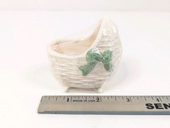 Ceramic Pottery Baby Bassinet Basket Crib White Green Boy Planter 3″x2″x2.5″ New