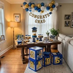 Navy Blue & Gold Graduation Decorations 2026 – Balloon Boxes, Table Decor & Ligh