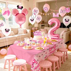 Minnie Mouse 2nd Birthday Party Decorations Cake Topper Balloons Tablecloth Set