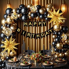 141Pcs Black and Gold Balloon Arch Kit with Happy Birthday Banner for Black a