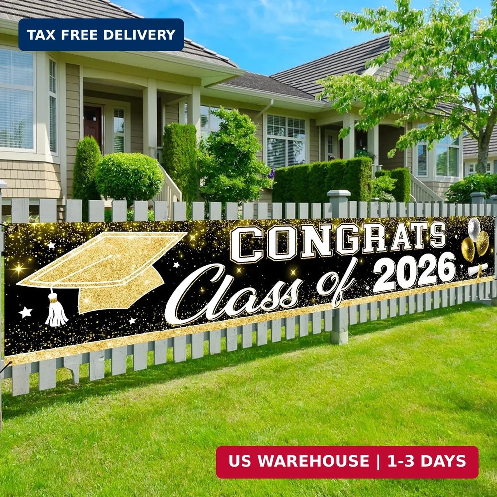 Black Gold Class of 2026 Graduation Party Decorations, 9 4/5ft Congrats Grad Yar