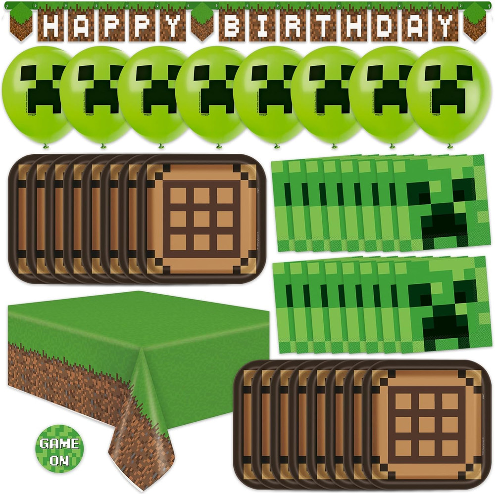 Minecraft Birthday Decorations – Serves 16 | Party Supplies: Minecraft Balloons,