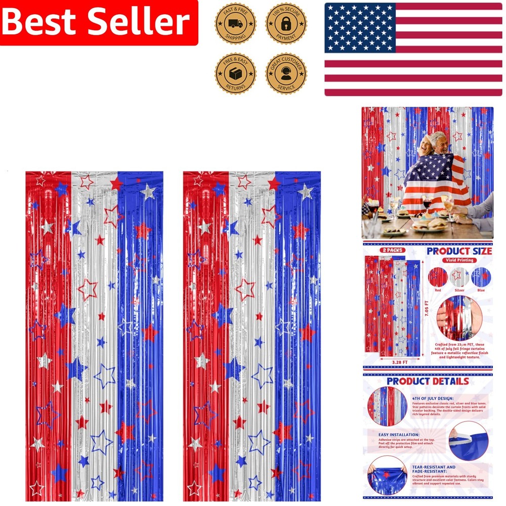 Party Streamer Backdrop 2 Pack Red Blue Silver Festive 4th July Photo Prop Set