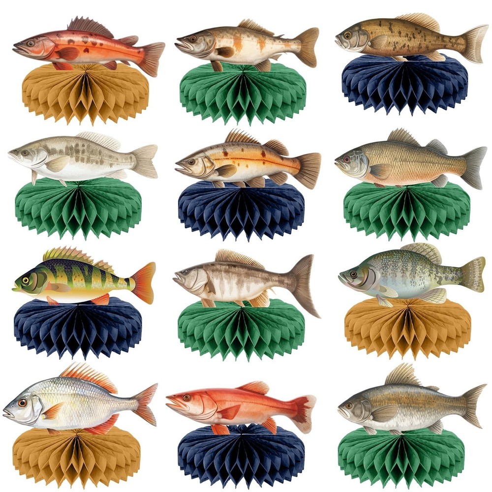 12PCS Fishing Birthday Party Decorations Gone Fishing Honeycomb Table Centerp…