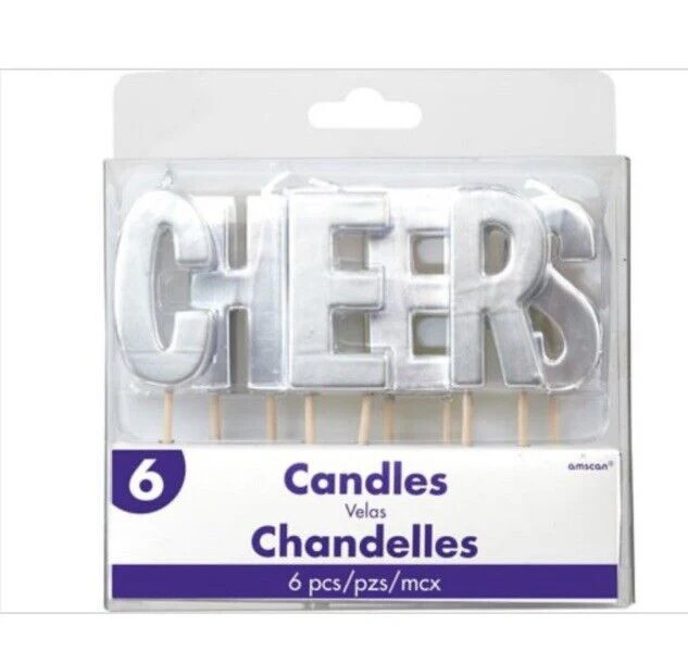 “CHEERS” Candle Set Of 6 Silver Letter Candles Great For Celebrating
