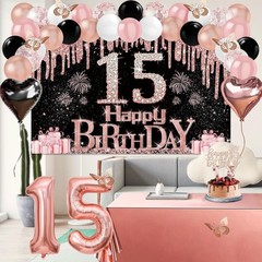 15th Birthday Decorations for Girls, 49pcs Black Rose Gold Black Banner, Tabl…