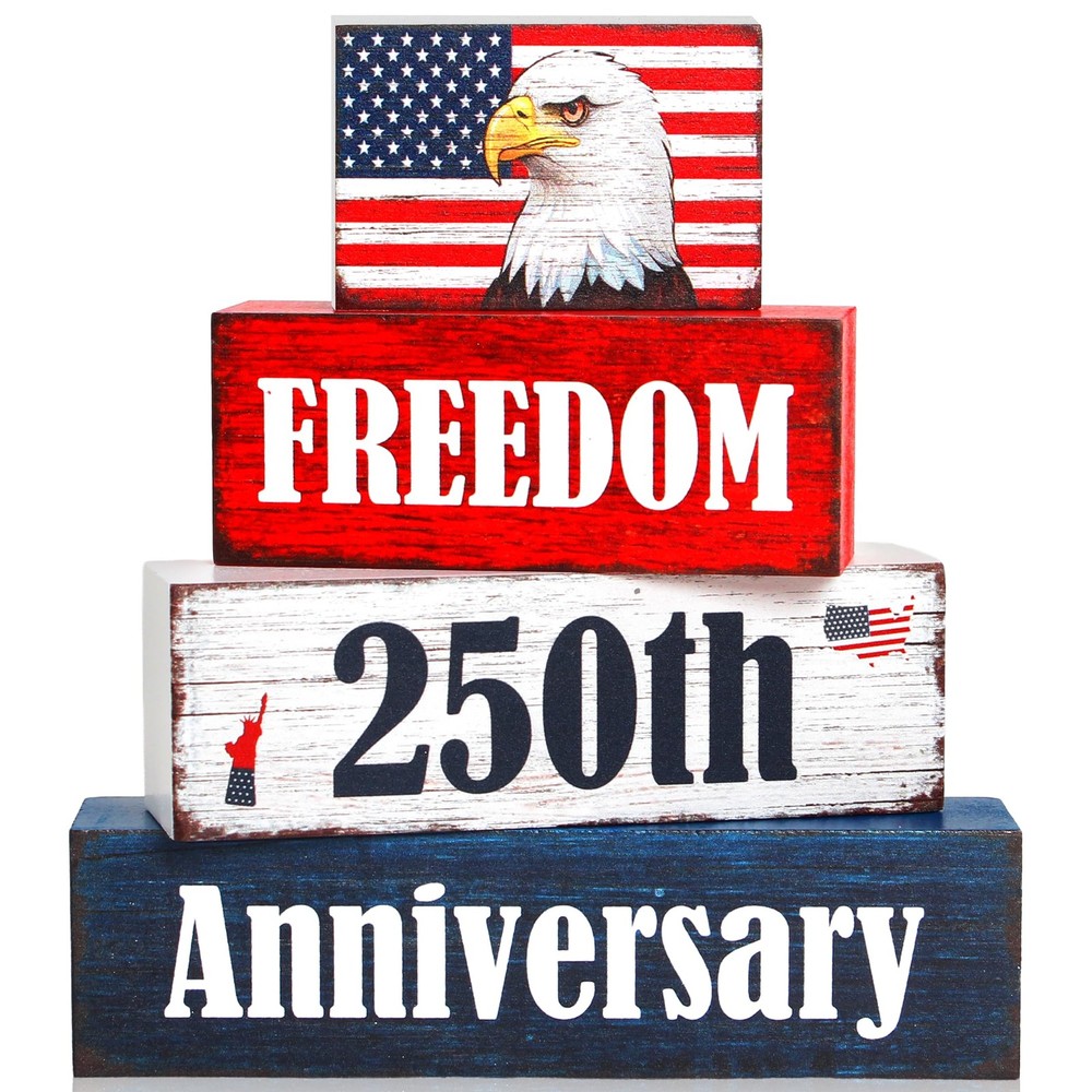 4 Pcs 250th Anniversary Freedom Patriotic Wooden Tiered Tray Decor, 4th of Ju…