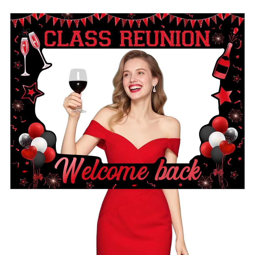 Class Reunion Photo Booth Frame Prop 23.6×31.5 Inch Red Black Welcome Party