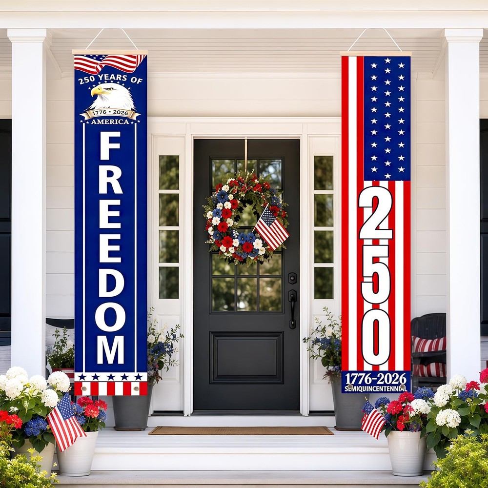 2 Pack 4th of July Decorations Outdoor Patriotic 250th Anniversary Hanging Banne