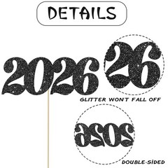 Black Glitter 2026 Number Centerpiece Sticks Class Of 2026 Table Toppers 12 PCS