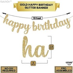 KatchOn Glitter Happy Birthday Banner – 10 Feet, Pre-Strung – Luxurious Gold