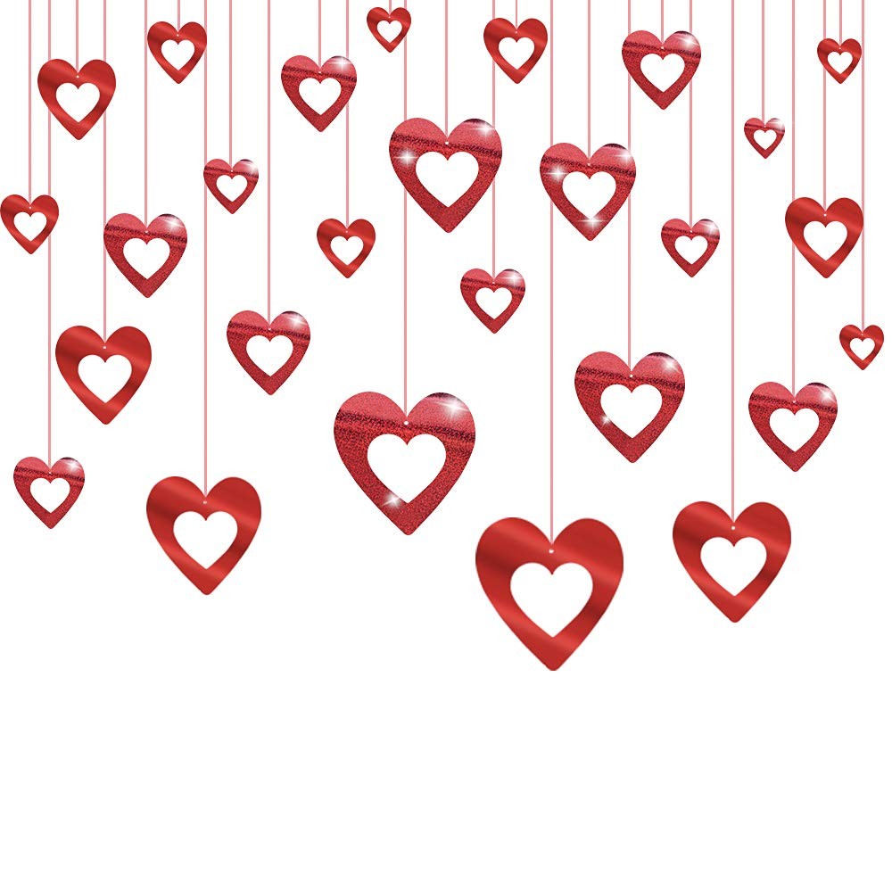 40 Pieces Valentine’s Day Glitter Heart Foil Hanging Decorations Red Hearts H…