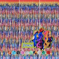 3 Pack Colorful Foil Fringe Curtain Backdrop – 6.6 x 3.3 ft Wavy Rainbow Tins…