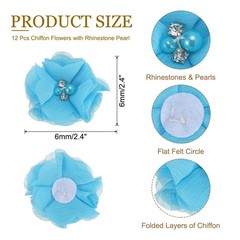12Pcs 2″ Chiffon Flowers with Rhinestone Pearl Sewing Fabric Flowers, Lake Blue