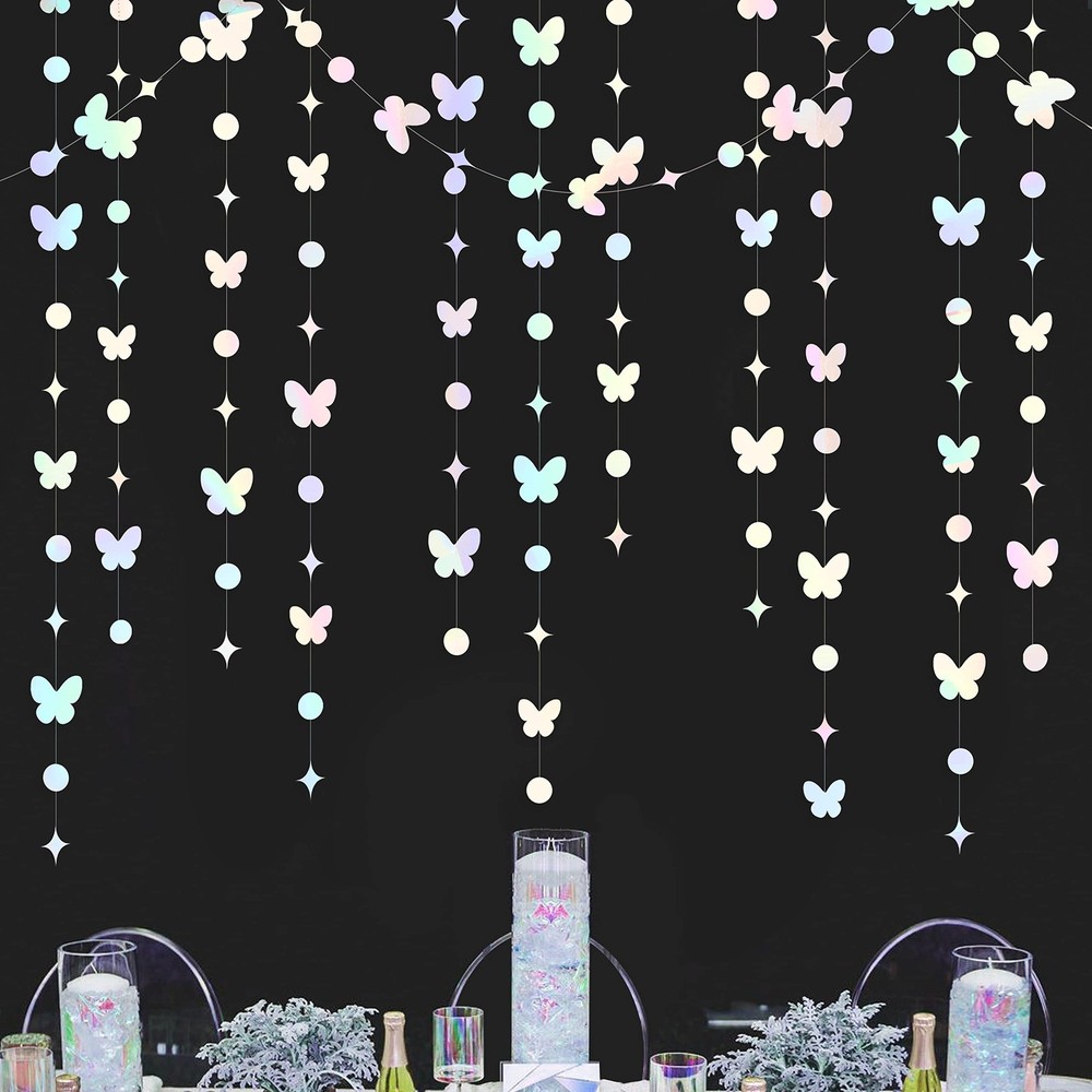 40Ft White Iridescent Butterfly Garlands White Holographic Paper Hanging Polk…