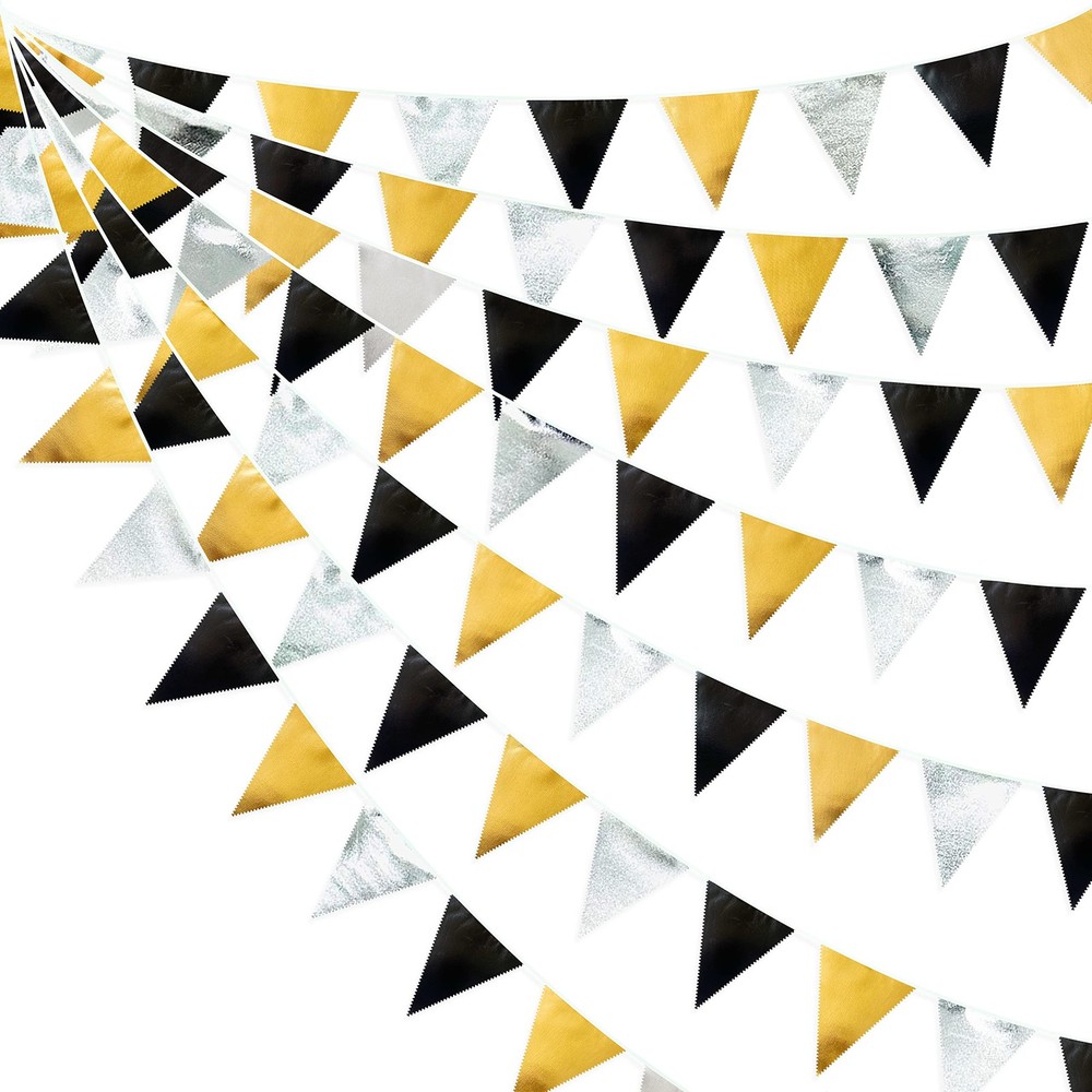 Black Gold Silver Party Decoration Triangle Pennant Banner Flag Metallic Fabr…