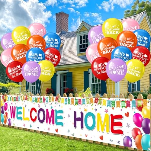 Colorful Welcome Banner & Balloons – 24 Pcs Welcome Back Yard Sign Multicolor