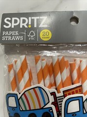 20 Paper Straws Striped Orange/White Straws Transportation Construction Party