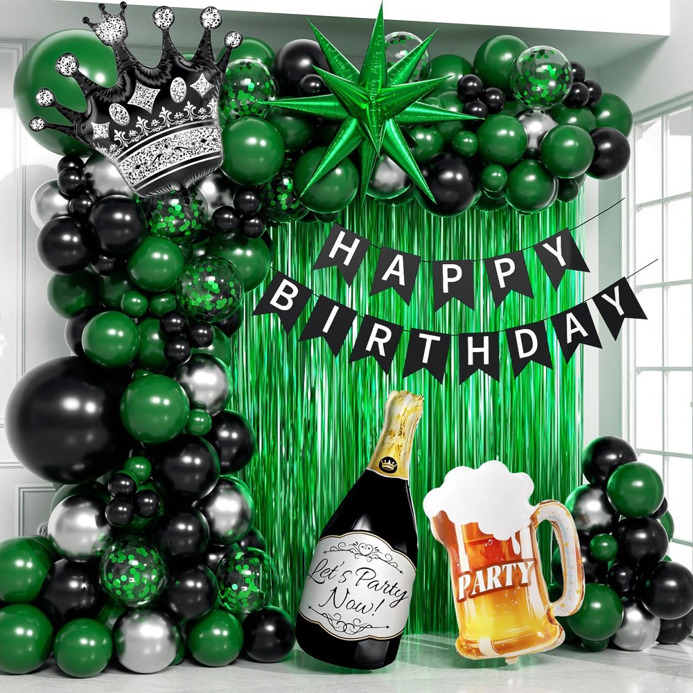 Green Party Decorations, Green Black Silver Foil Balloons Happy Banner Fringe…