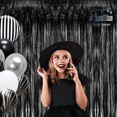 Black Tinsel Backdrop Curtain – Tinsel Curtain Party Backdrop Streamers for Wiz