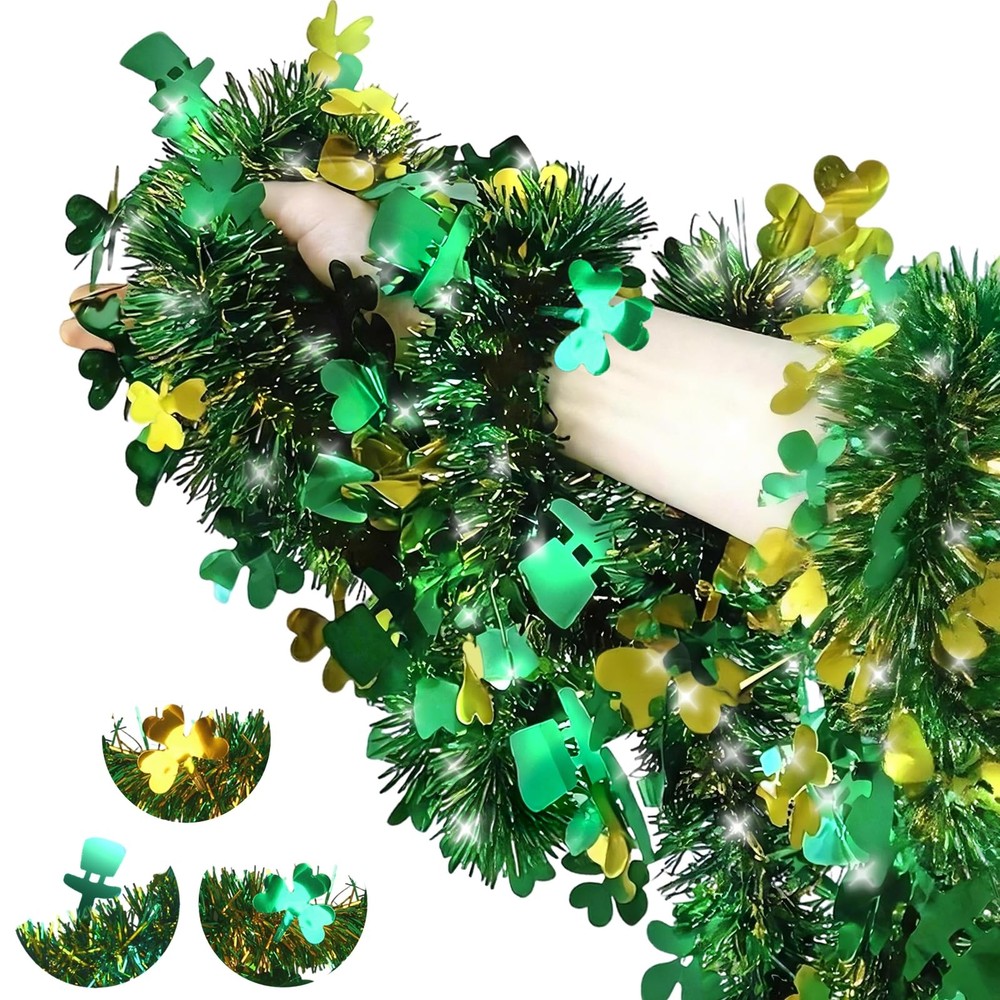 33 FT St Patricks Day Tinsel Garland, Green Shamrock Hat Decorations, Hanging…
