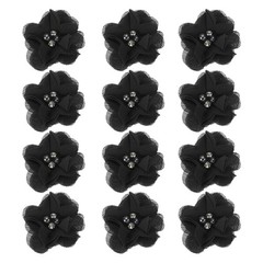 12Pcs 2″ Chiffon Flowers with Rhinestone Pearl Sewing Fabric Flowers, Black