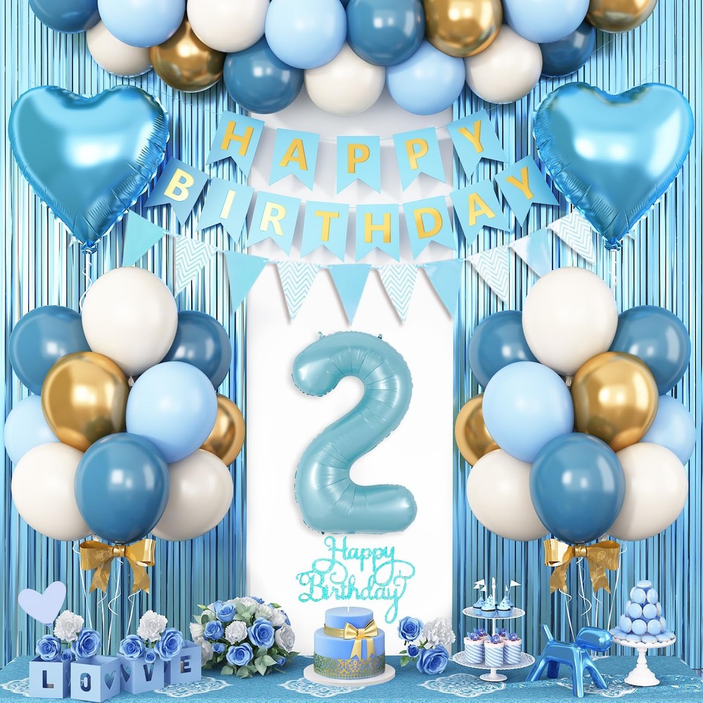 2nd Birthday Decorations Blue White Gold, 25pcs Balloons, Banner, Blue 2nd