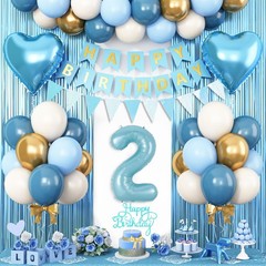 2nd Birthday Decorations Blue White Gold, 25pcs Balloons, Banner, Blue 2nd