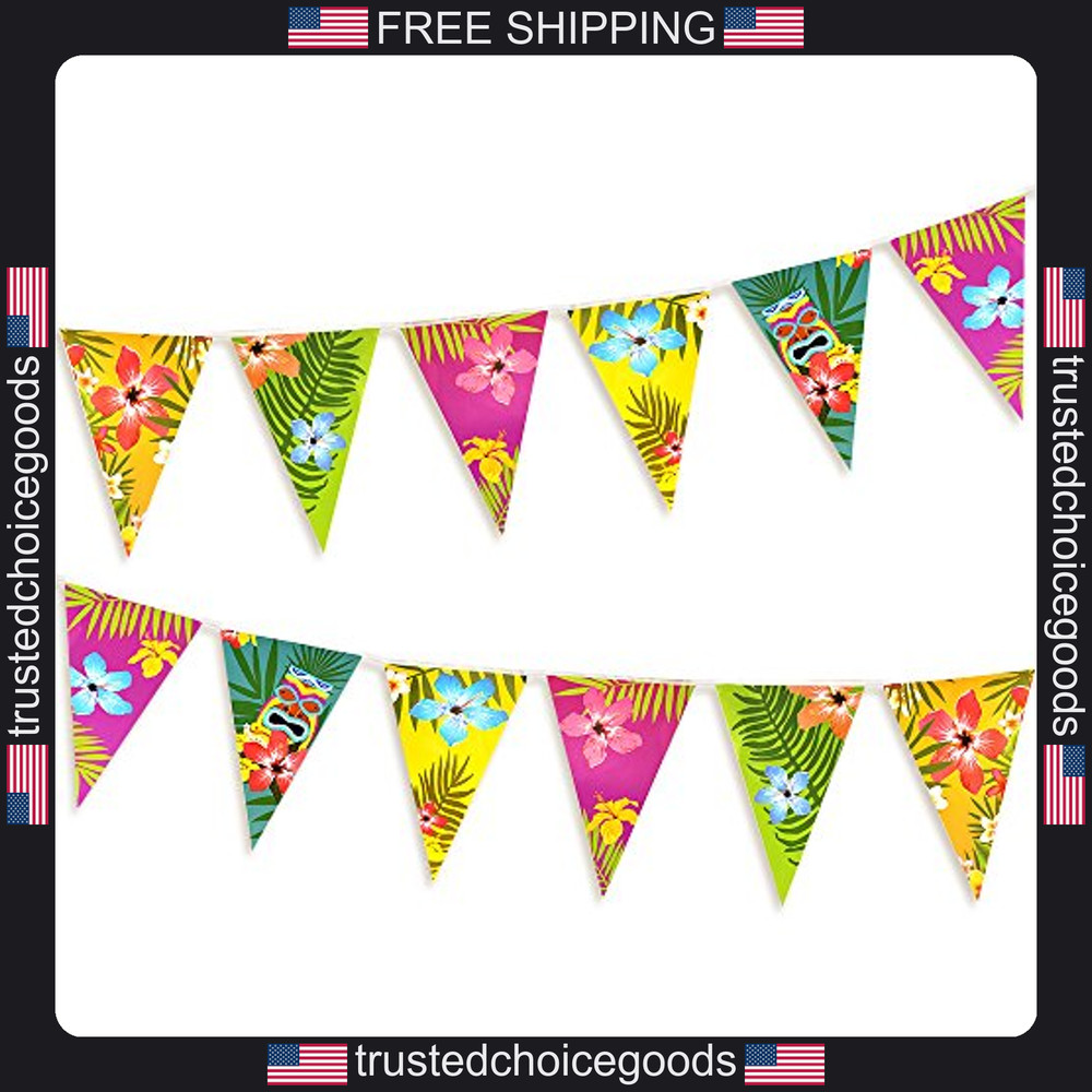 2 Pack Hawaiian Bunting Flags for Tropical Party Decorations