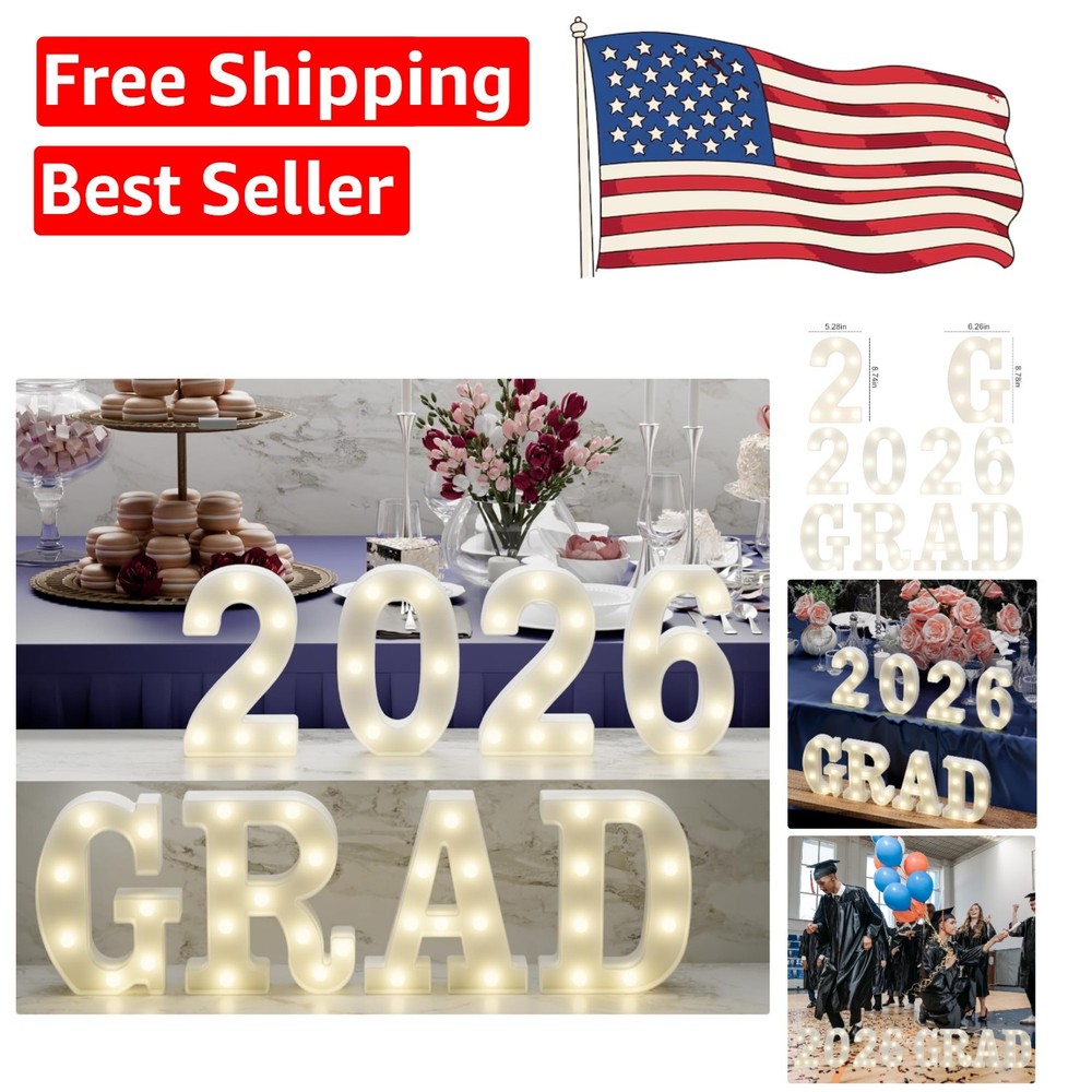 Grad 2026: 8 Bright LED Marquee Letters – Perfect for Graduation Celebrations!