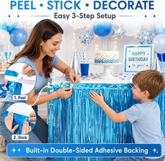 Light Blue Foil Fringe Table Skirt, 2-Pack Disposable Metallic Tinsel Streamers,