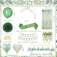 Birthday Decorations Set Party Decoration with Balloons, Banner, Pom Sage Green