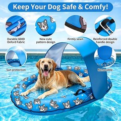Inflatable Dog Pool Float with Sunshade Canopy and Rope, Floating Puppy Raft …