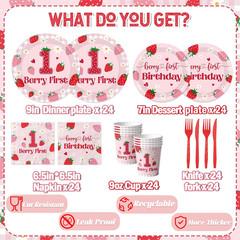 Berry 1st Birthday Tableware Set Plates Cups Napkins Forks for 24 Guests