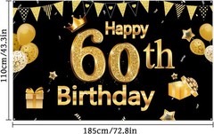 Chic 60th Birthday Party Banner – Large Black and Gold Decor, 72.8 x 43.3 Inch