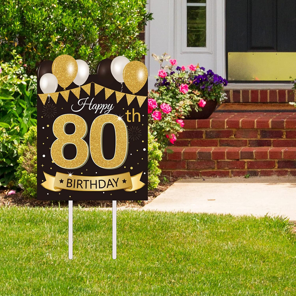 Large Happy 80Th Birthday Party Yard Sign Black Gold 80 Birthday Yard Signs with