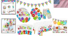 Multicolor Birthday Party Essentials Set for 25 Paper Plates Cups Napkins Banner