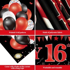 Red Black 16th Birthday Banner Decorations for 118 x 20 inches,