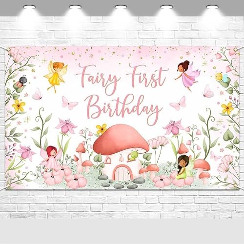 Fairy First Birthday Backdrop Banner – 6×3.6 ft Pink Fairy “One” Party