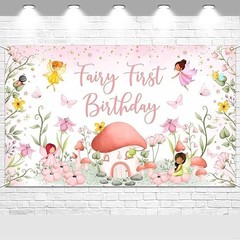 Fairy First Birthday Backdrop Banner – 6×3.6 ft Pink Fairy “One” Party