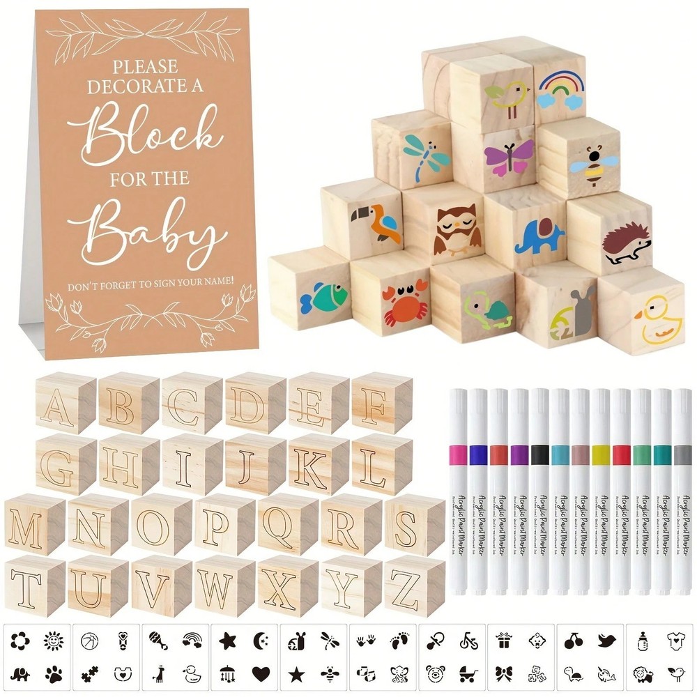 Creative Baby Shower ABC Block Decoration Kit DIY Wooden Letters with Fabric Pen