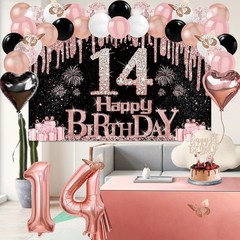 14th Birthday Decorations for Girls, 49pcs Black Rose Gold Black Banner, Tabl…