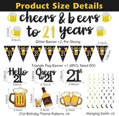 Black Gold 21st Birthday Decorations for Him Men, Glitter Pre-Strung Cheers…