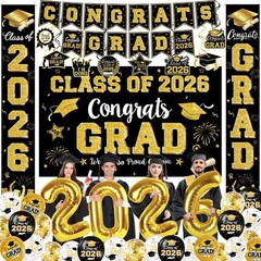 Graduation Decorations Class of 2026 – Black and Gold Graduation Party Suppli…