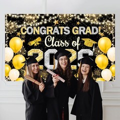 Graduation Decoration 2026 Hanging Banner Black Gold High School College
