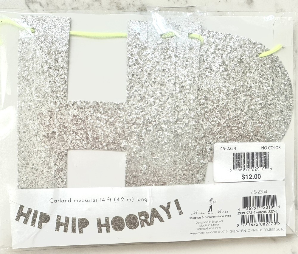 BOGO Hip Hip Hooray Silver Glitter Garland Birthday Party Celebration Meri Meri