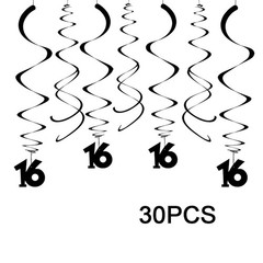 30 Pack Black 16th Birthday Swirl Decorations Anniversary Ceiling Hanging