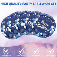 Navy Blue and Sliver Birthday Decorations Happy Birthday Party Tableware Set Hap